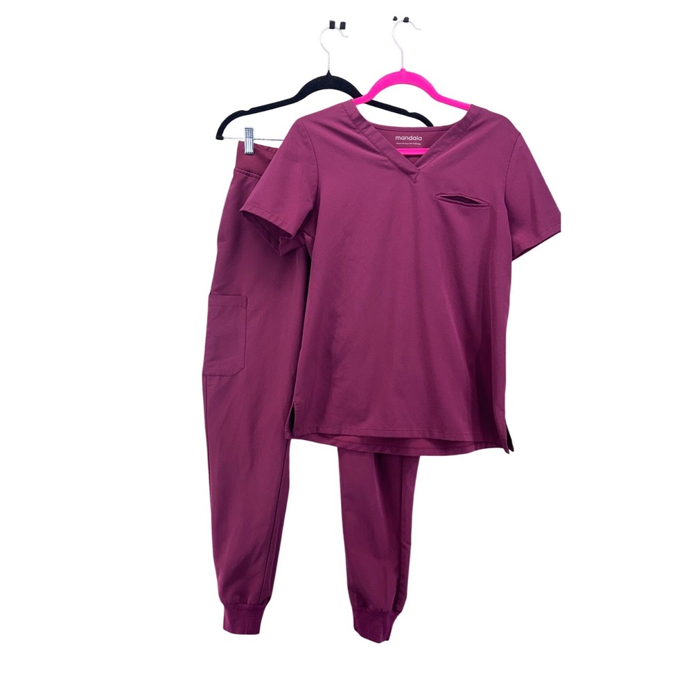 Mandala Womens Scrub Set Small Wine Burgundy Equa-Tek V-Neck Top Jogger Pants